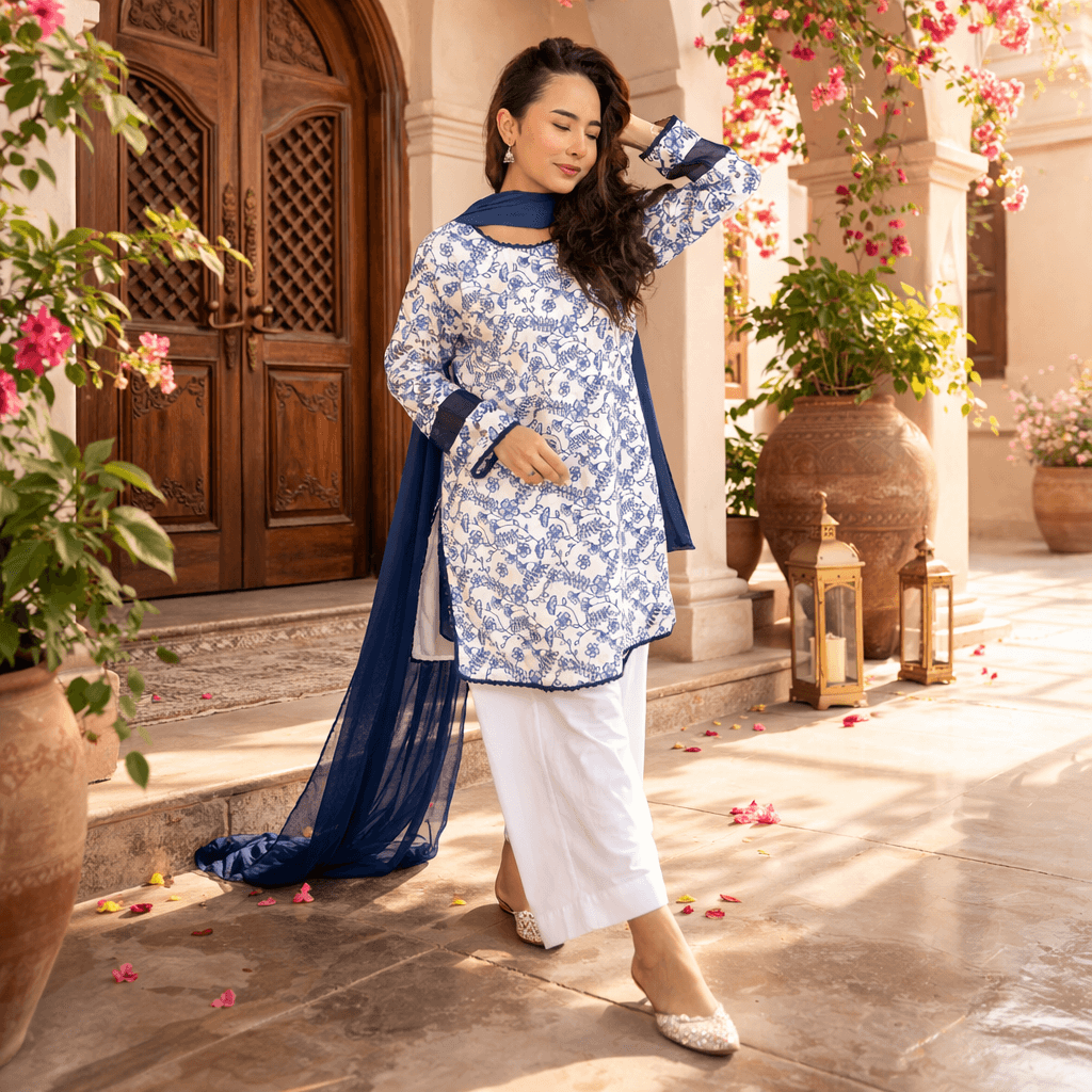 4 Blue & White Floral Chikankari Ready-to-Wear Ladies Kurta Set