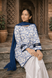 Blue & White Floral Chikankari Ready-to-Wear Ladies Kurta Set