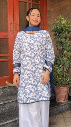 Blue & White Floral Chikankari Ready-to-Wear Ladies Kurta Set