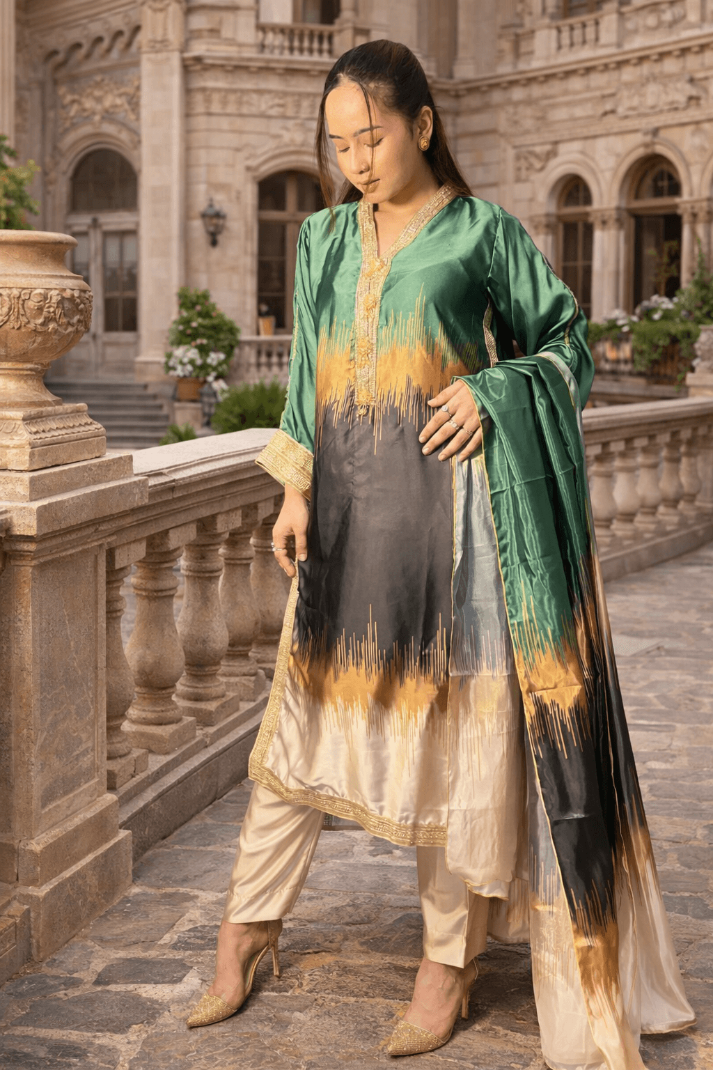 Elegant women wearing 3 piece ready-to-wear kurta
