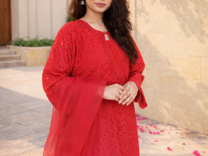 Ruby Grace Red Chikankari Embroidered Ready-to-Wear 3 Piece Kurta Set