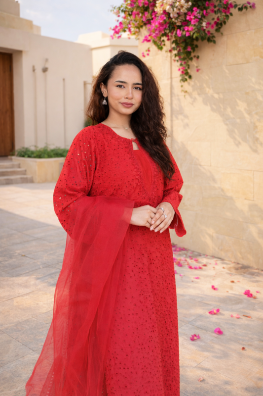 Ruby Grace Red Chikankari Embroidered Ready-to-Wear 3 Piece Kurta Set