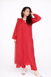 Ruby Grace Red Chikankari Embroidered Ready-to-Wear 3 Piece Kurta Set