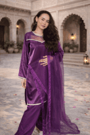 Royal Plum Silk Ready-to-Wear 3 Piece Suit with Lace Detail