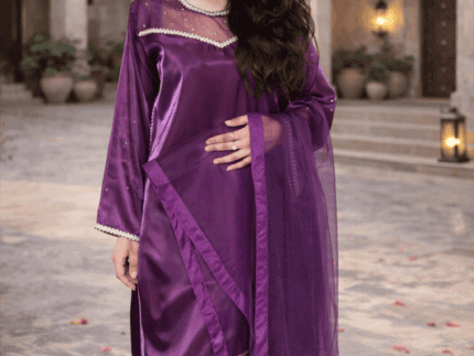 Royal Plum Silk Ready-to-Wear 3 Piece Suit with Lace Detail