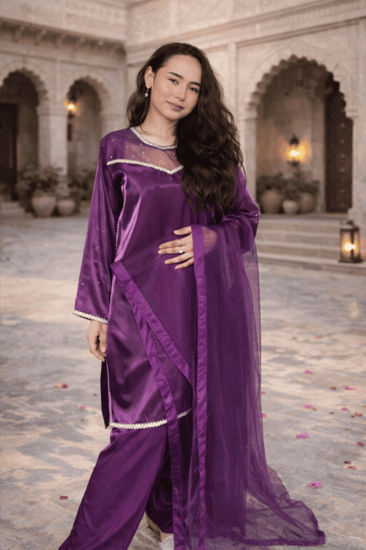 Royal Plum Silk Ready-to-Wear 3 Piece Suit with Lace Detail