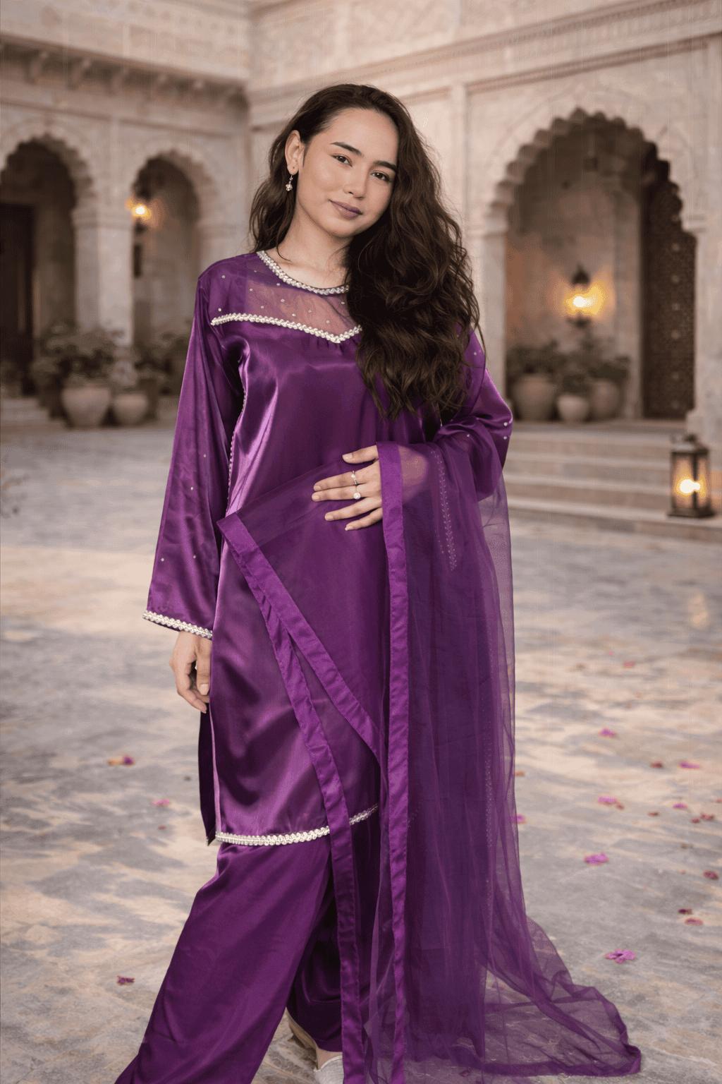 Royal Plum Silk Ready-to-Wear 3 Piece Suit with Lace Detail