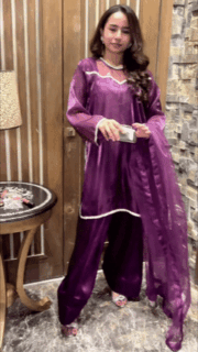 Royal Plum Silk Ready-to-Wear 3 Piece Suit with Lace Detail - Image 2