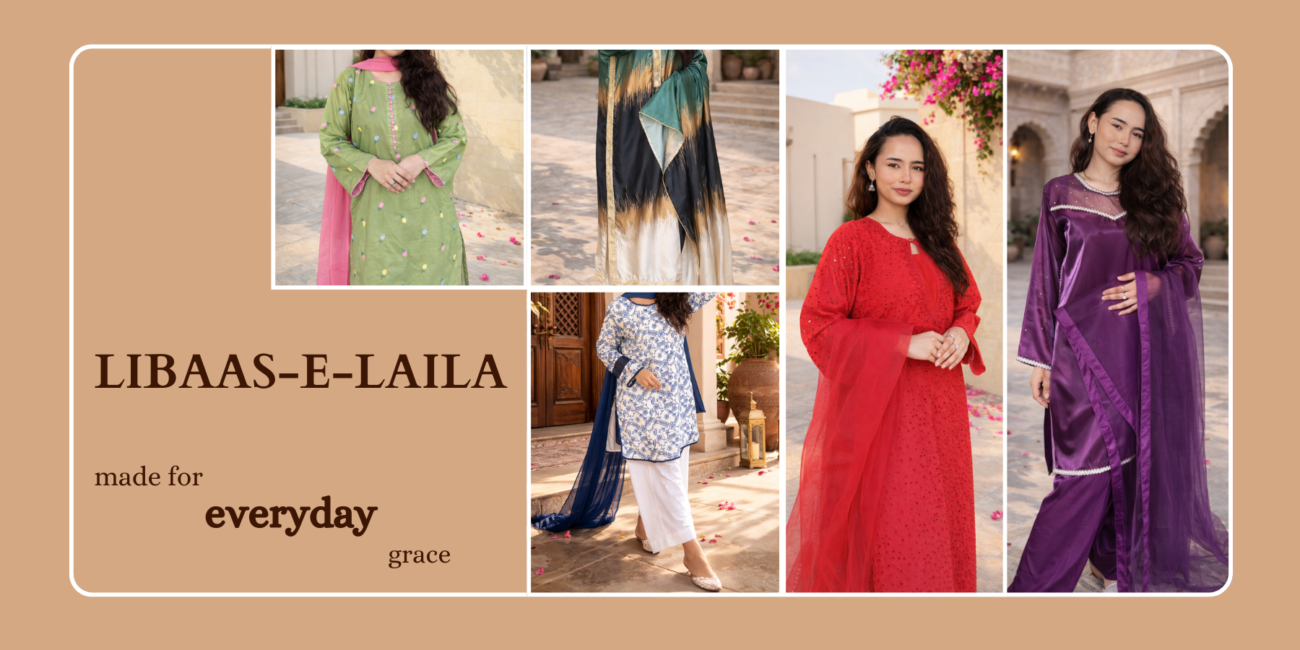 Libaas-e-laila perfect eid dress image with 5 different 3 piece kurta set for pakistani women
